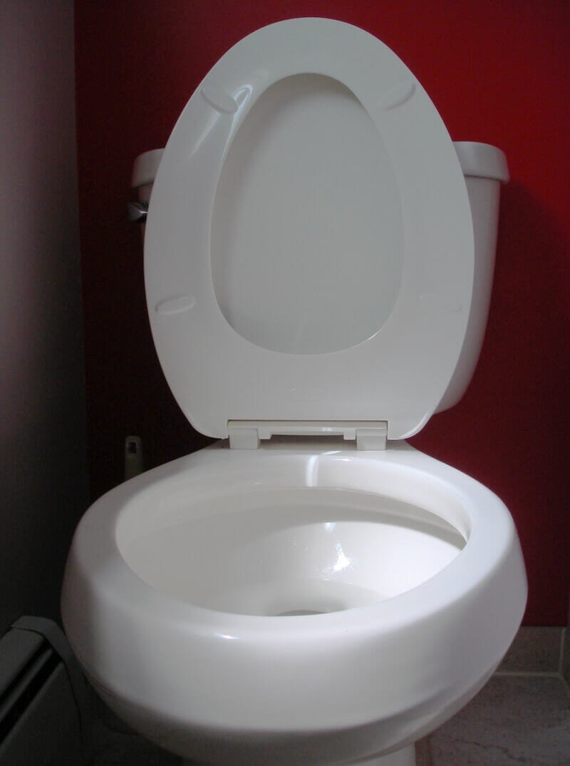 Toilet with seat up, which you'll never have to argue over again if you pee sitting down.