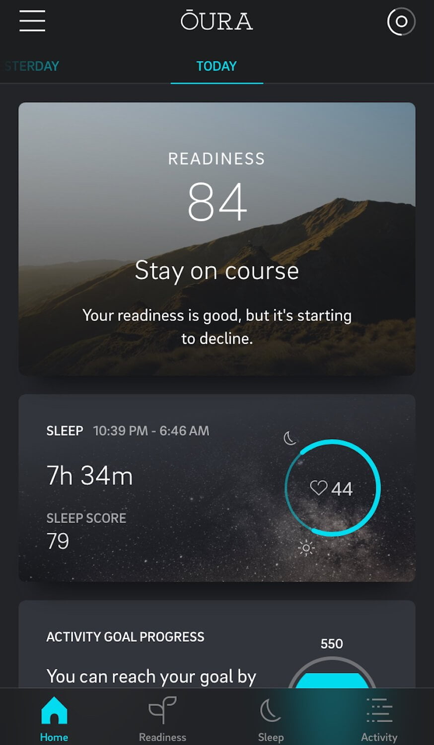 Home screen of the Oura Ring's app