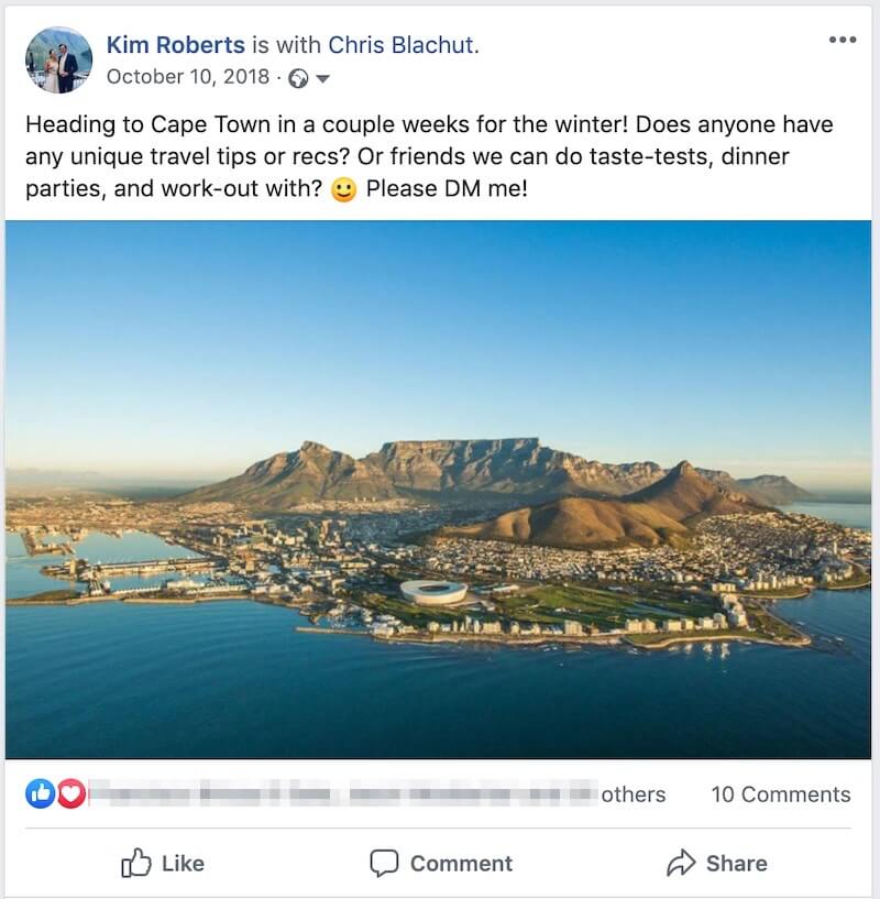 Facebook post asking for tips before moving to a new city