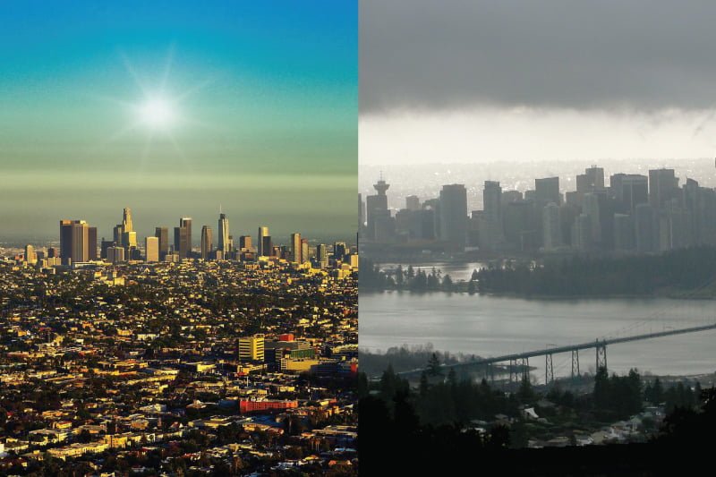 Side-by-side comparison of Vancouver and LA, whose weather is like people's personality.