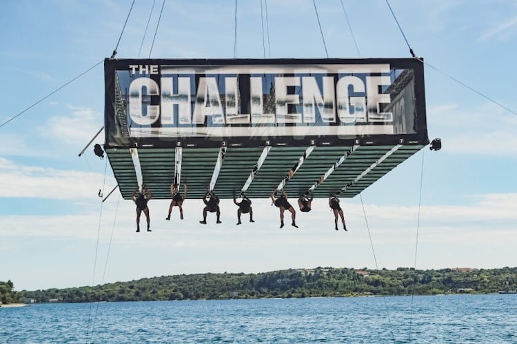 Scene from The Challenge where producers are testing contestant's fear of heights