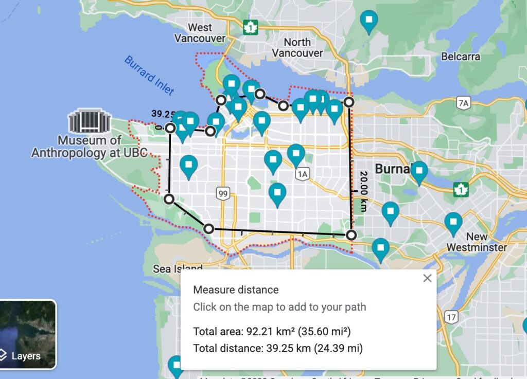 Rough measurement of how long the urban hike would take. 