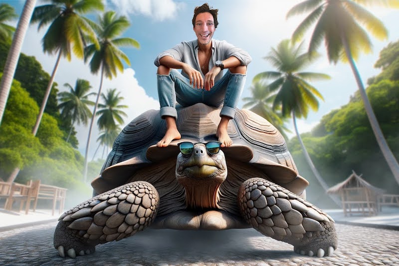 Riding a tortoise to symbolize affording patience