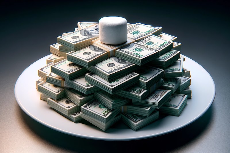 A marshmallow on money to represent the story about delayed gratification.
