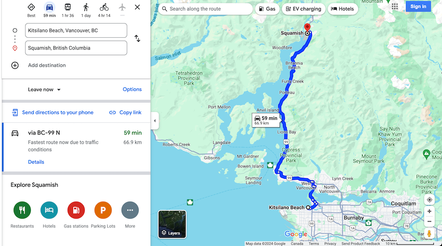 Map of the road from Vancouver to Squamish.