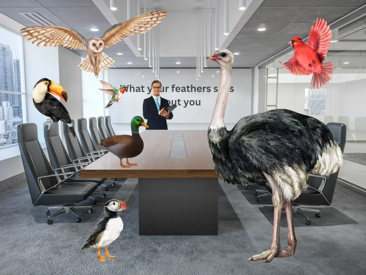 Cover of the ARC corporate alternative post depicting various birds in a conference room.