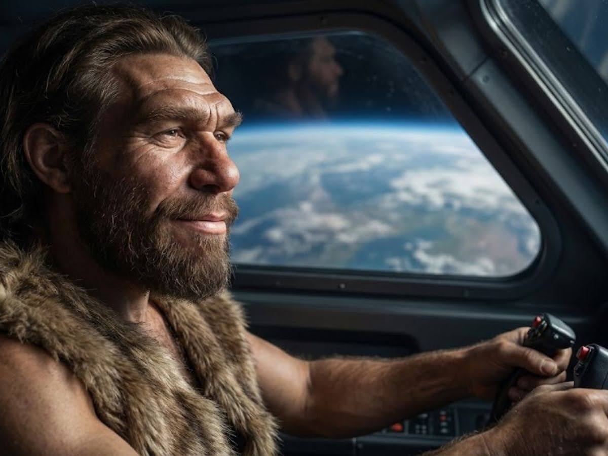 A caveman representing Landon with a smug, dumb look steering a ship