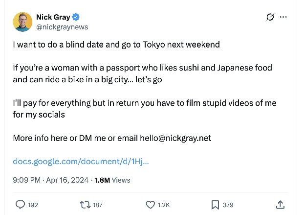 Nick Gray's 1 a.m. tweet looking for a Tokyo blind date