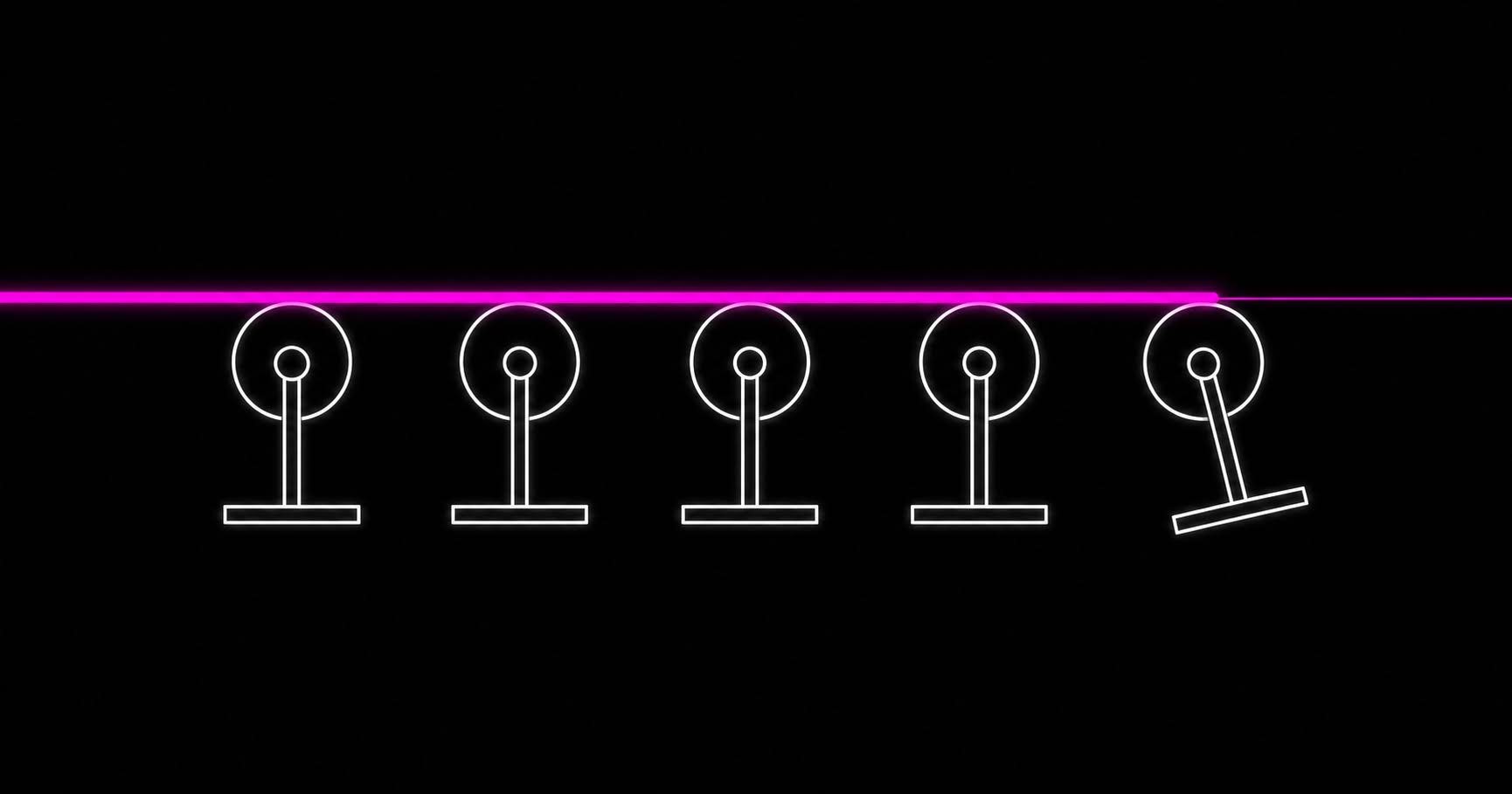 Five pulley wheels in a row with a glowing magenta rope running over them; the fifth wheel is tilted out of line and the rope weakens past it.