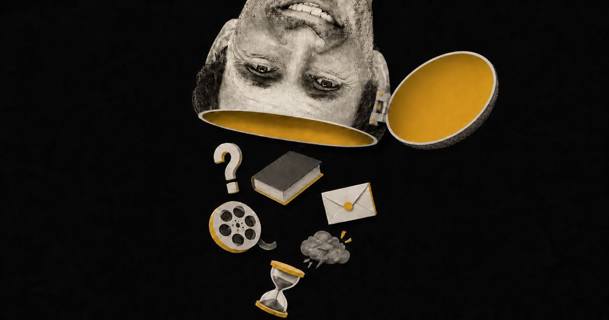 An upside-down head spilling a question mark, book, envelope, film reel, storm cloud, and hourglass.
