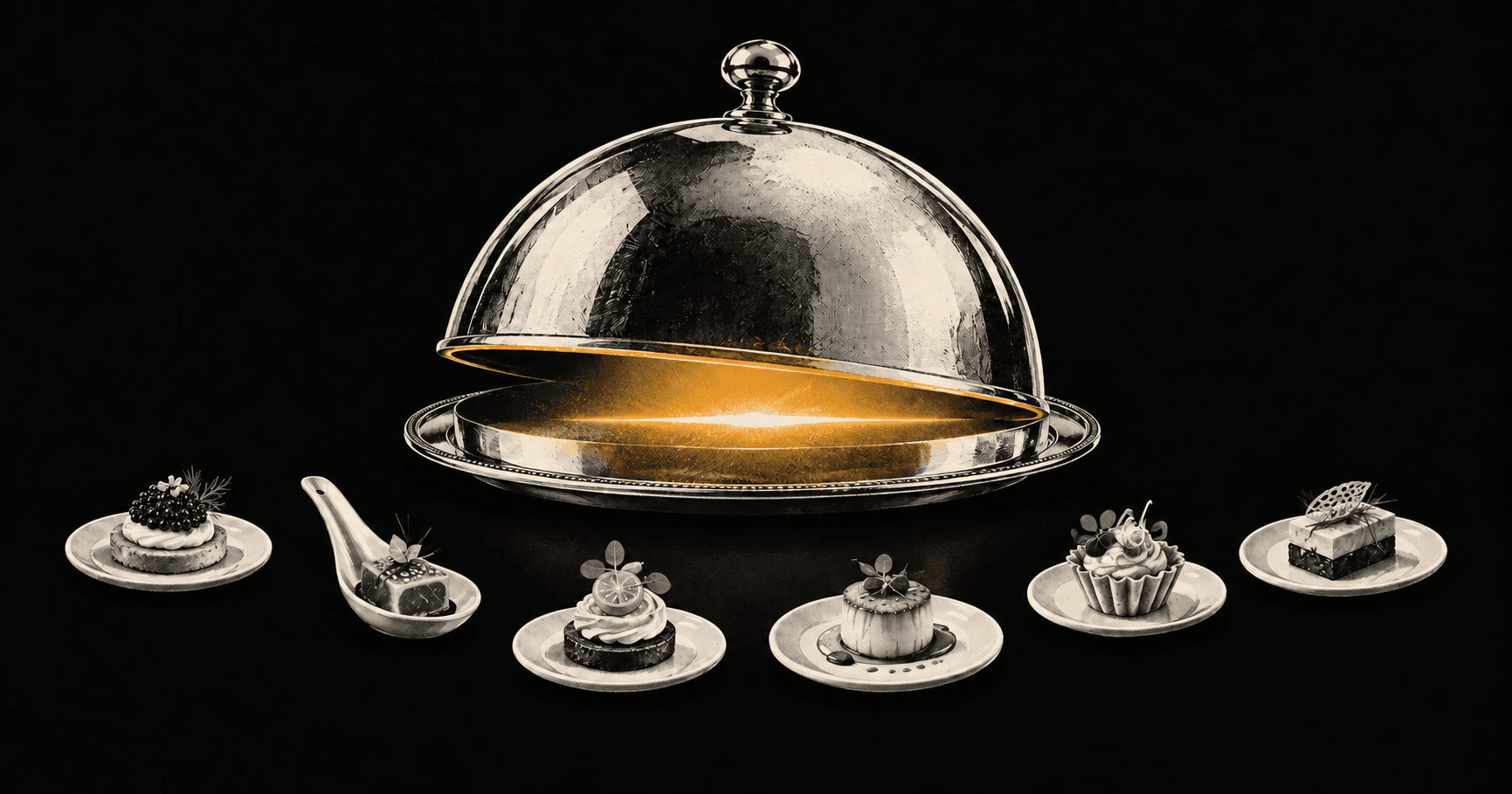 Six appetizers lead toward a silver cloche with amber light glowing beneath its lid.